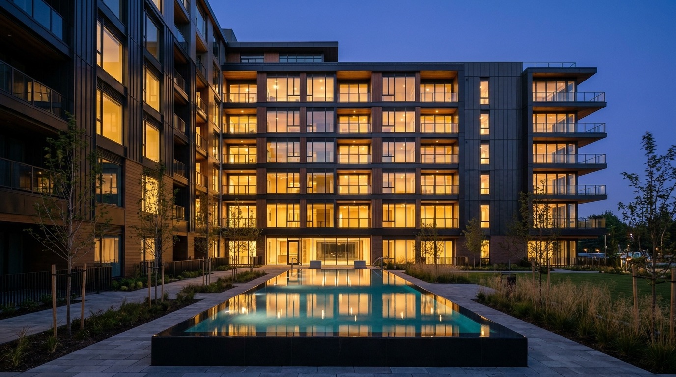 The Meridian Residences at dusk with pool courtyard